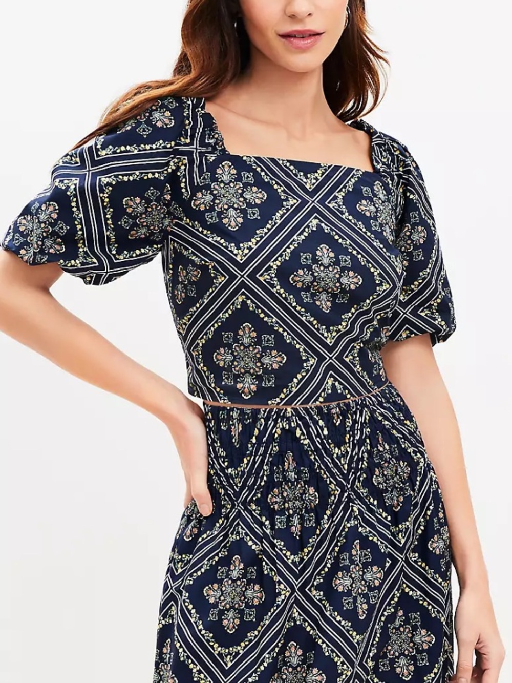 Navy Printed Puff-Sleeve Square-Neck Top